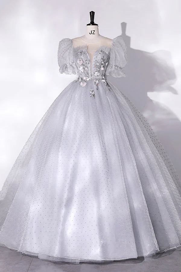 Wholesale Gray Tulle Long A-Line Ball Gown Gray Short Sleeve Evening Gown